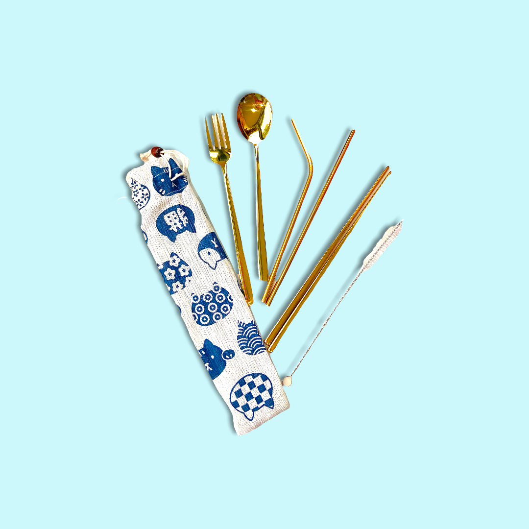 golden stainless steel cutlery with canvas pouch
