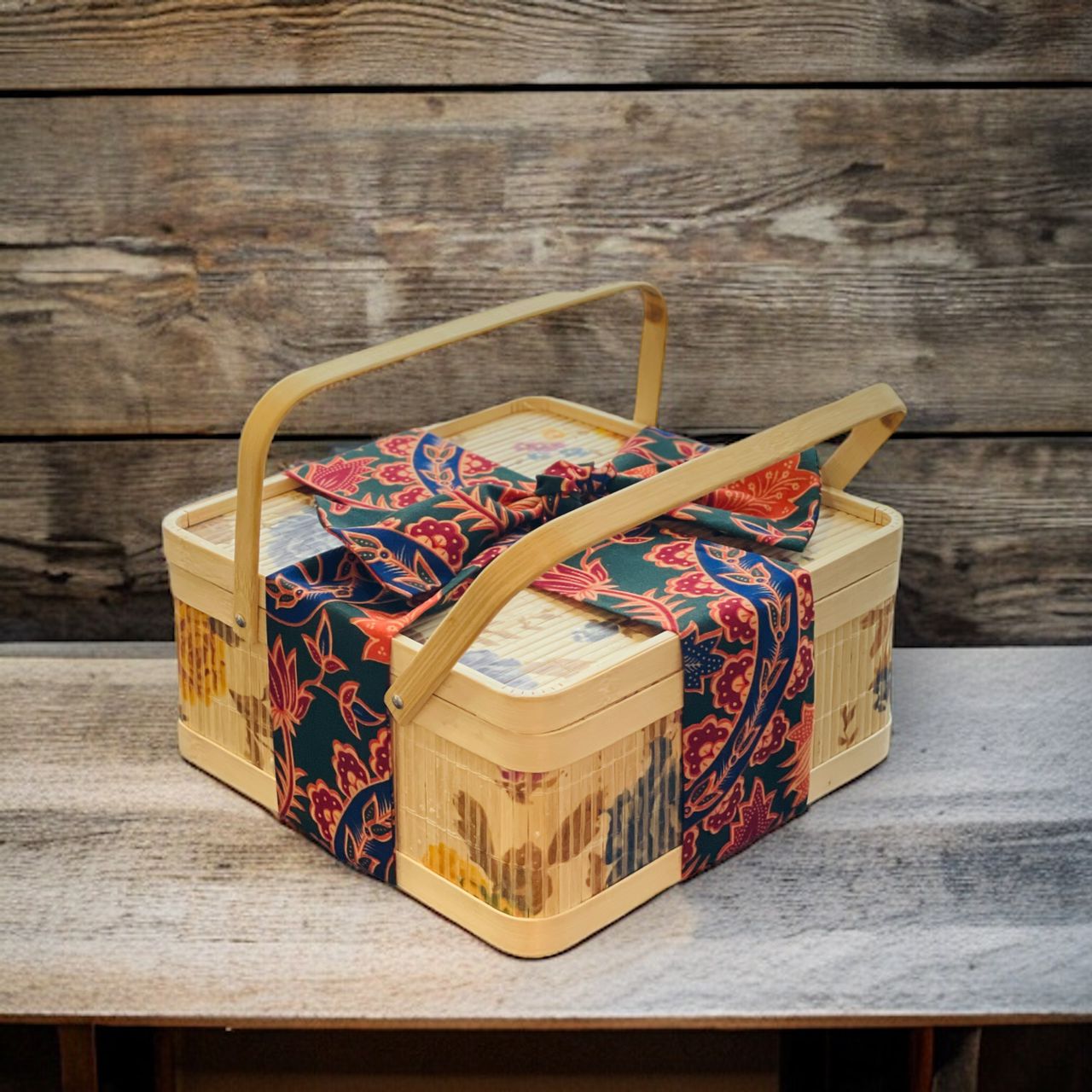Premium Reusable Bamboo Basket with Handle (Floral)