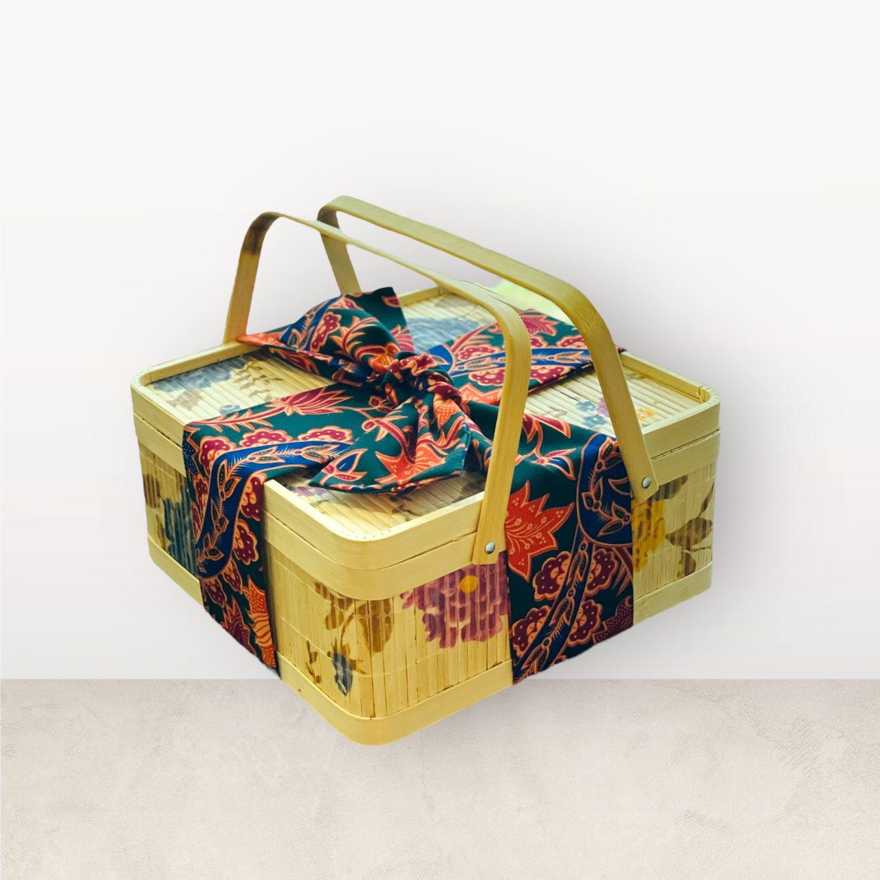 Premium Reusable Bamboo Basket with Handle (Floral)