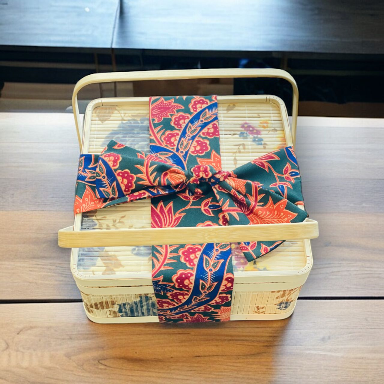 Premium Reusable Bamboo Basket with Handle (Floral)