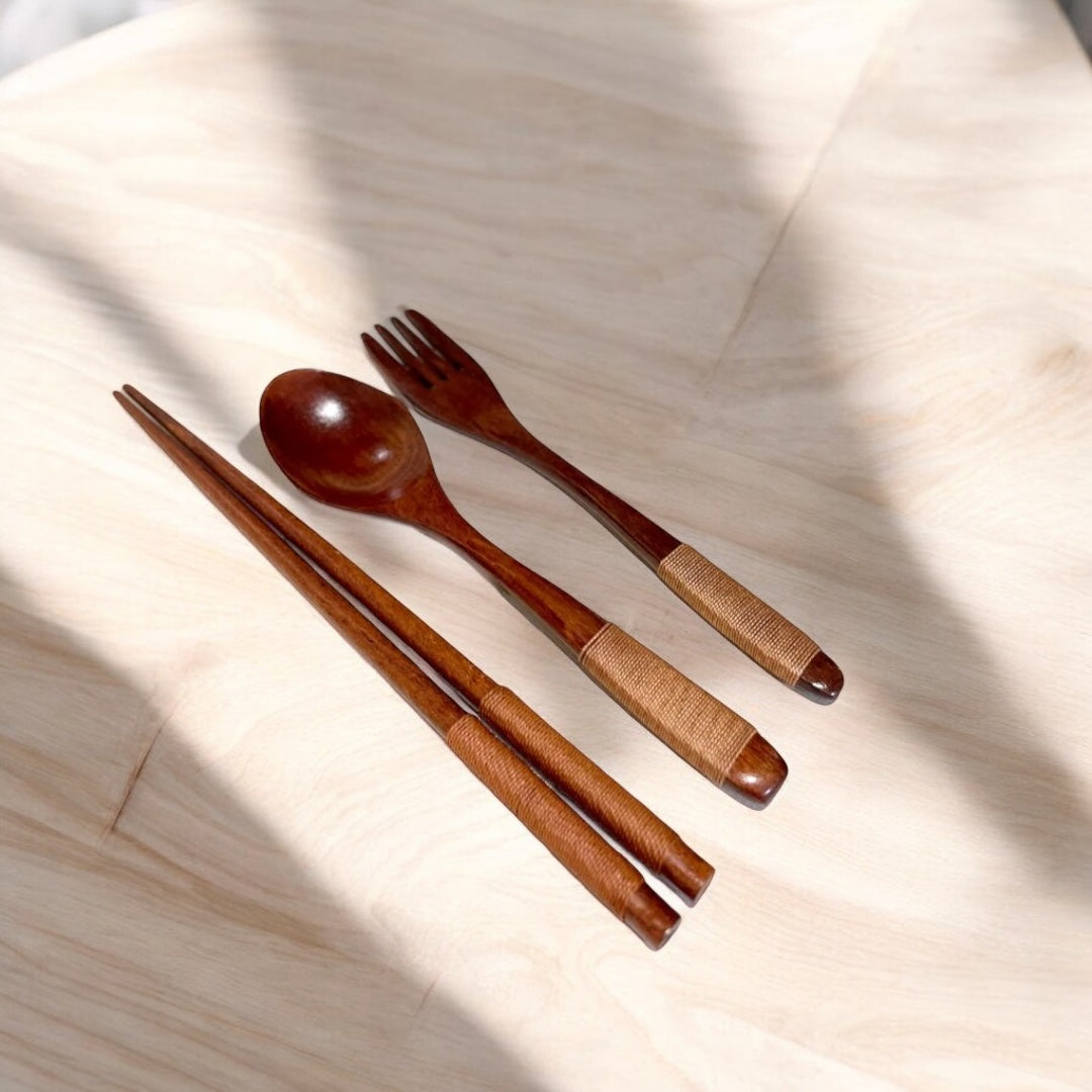 Japanese Style Wooden Cutlery Set in Canvas Pouch