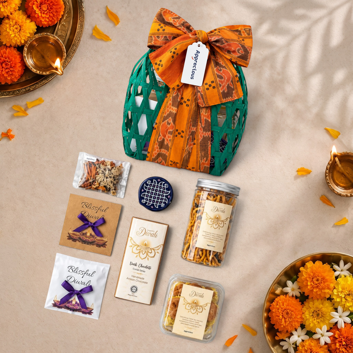 The Festive Bloom & Light Rattan Gift Set