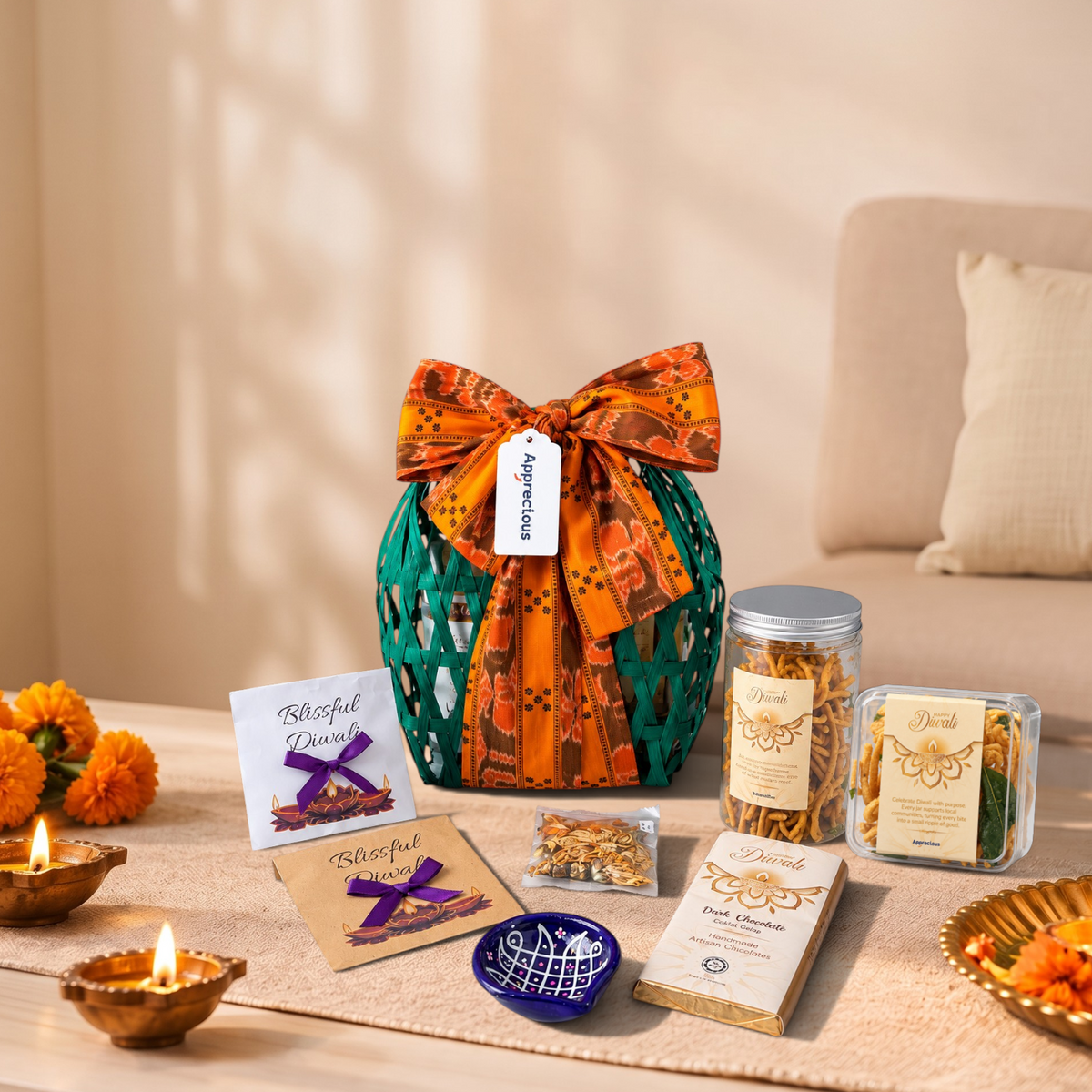 The Festive Bloom & Light Rattan Gift Set