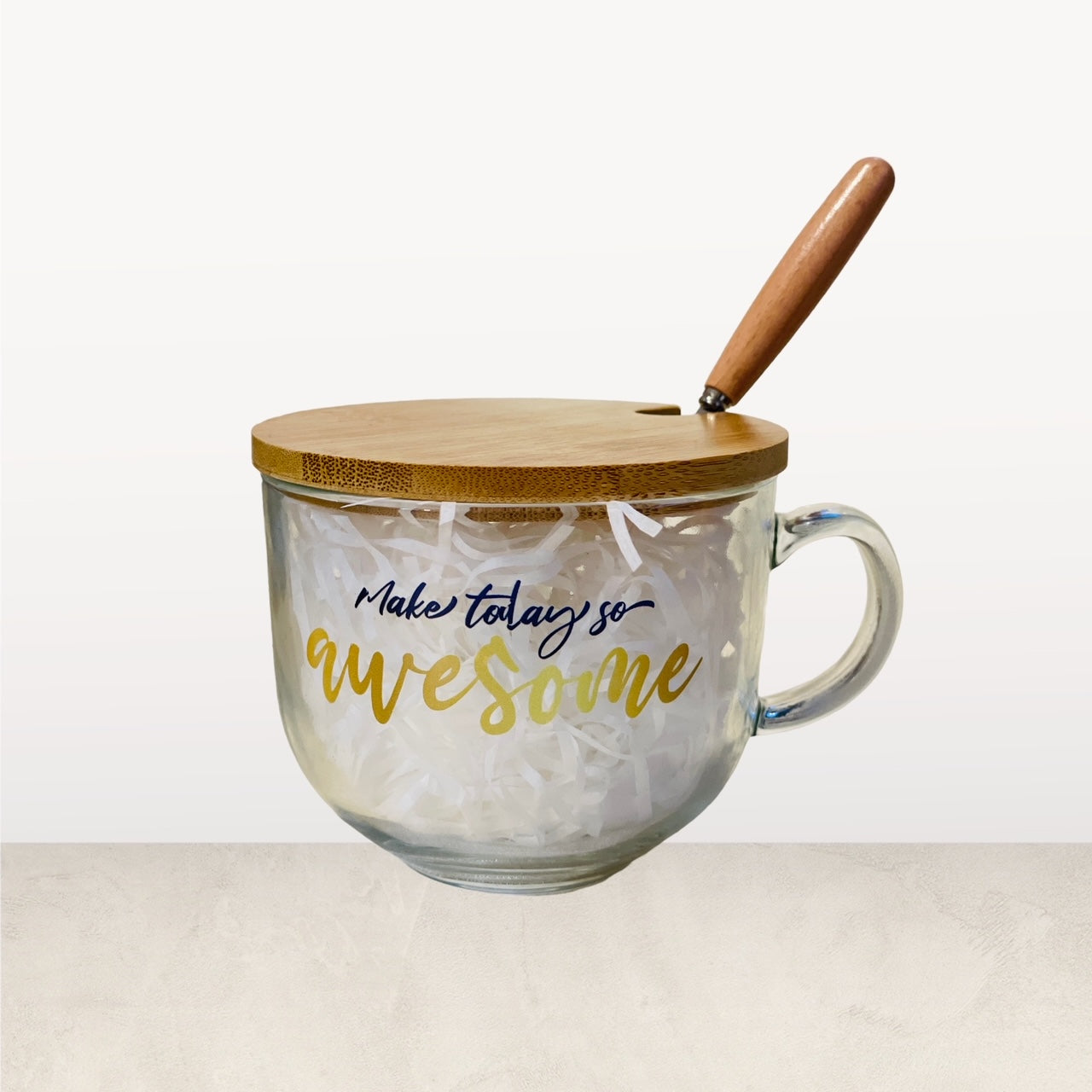 Double wall glass mug with wooden lid and spoon