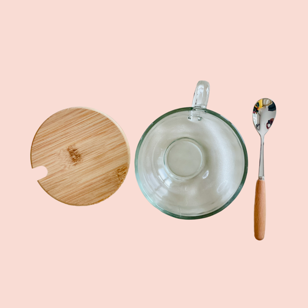 Double wall glass mug with wooden lid and spoon