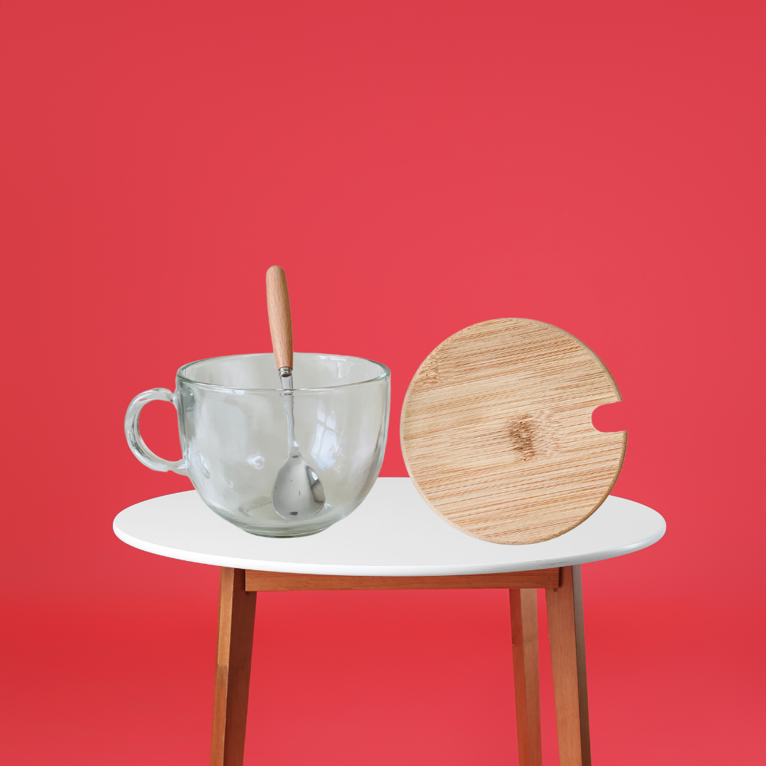 Double wall glass mug with wooden lid and spoon