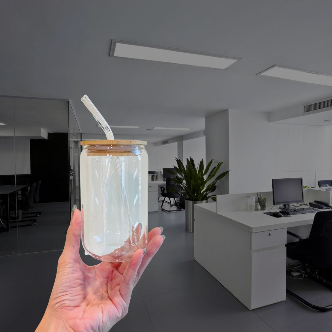 Glass cup with bamboo lid and glass strawGlass cup with bamboo lid and glass straw