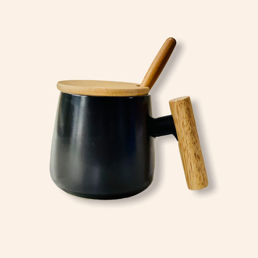 Nordic ceramic mug with wooden lid, handle and spoon