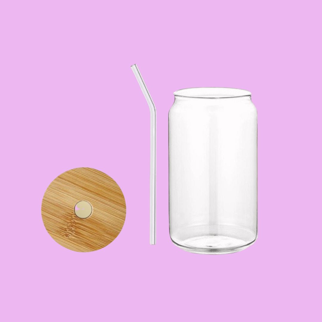 Glass cup with bamboo lid and glass straw