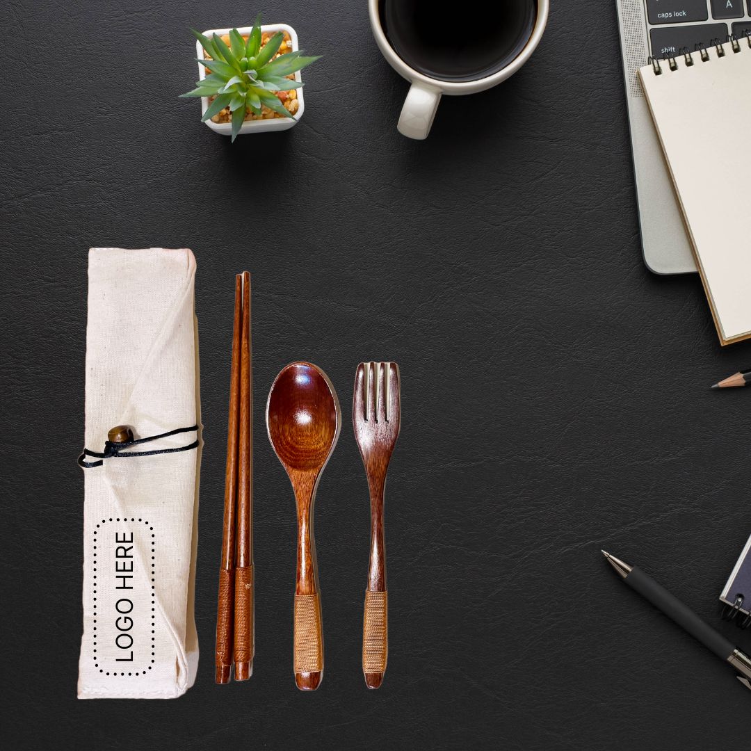 Japanese Style Wooden Cutlery Set in Canvas Pouch
