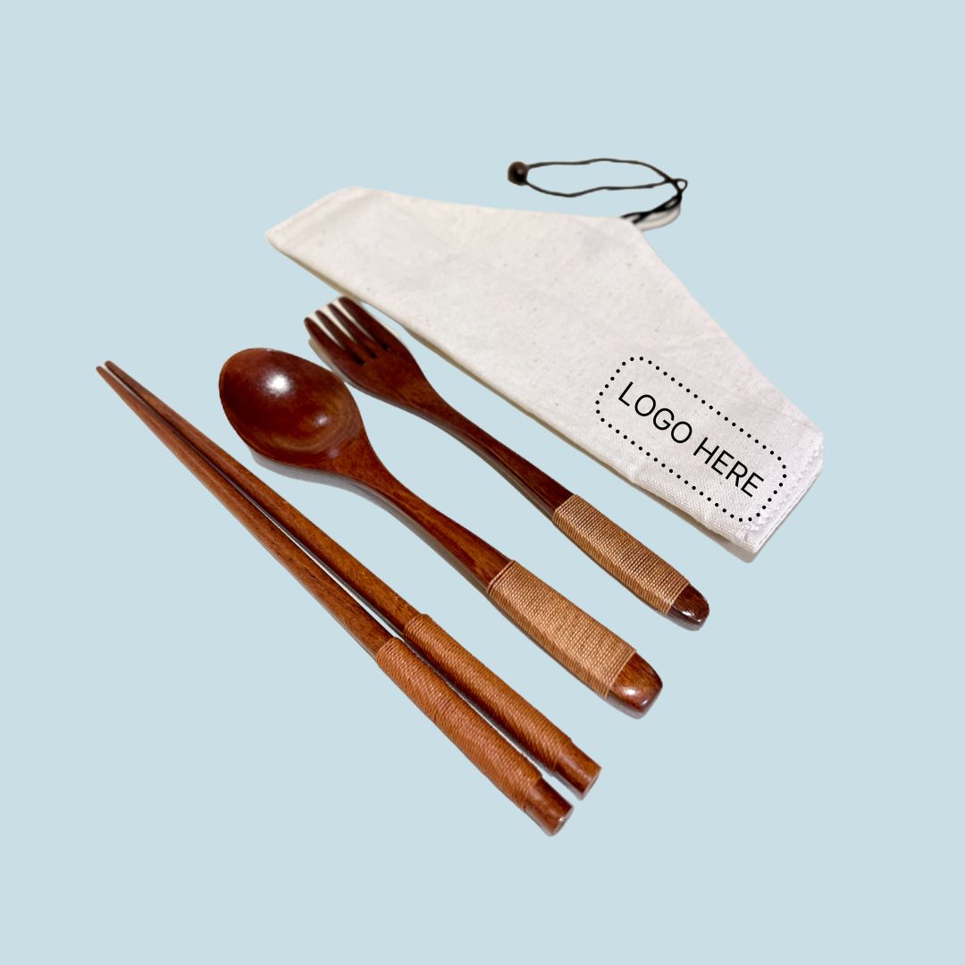 Japanese Style Wooden Cutlery Set in Canvas Pouch