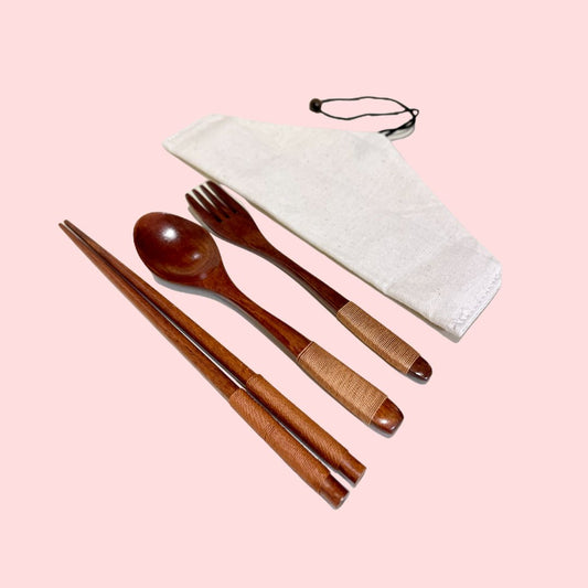 Japanese Style Wooden Cutlery Set in Canvas Pouch