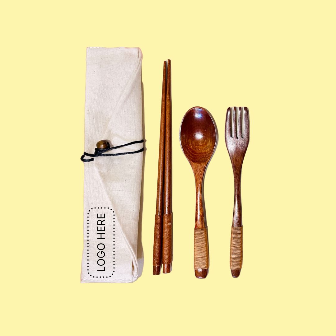 Japanese Style Wooden Cutlery Set in Canvas Pouch